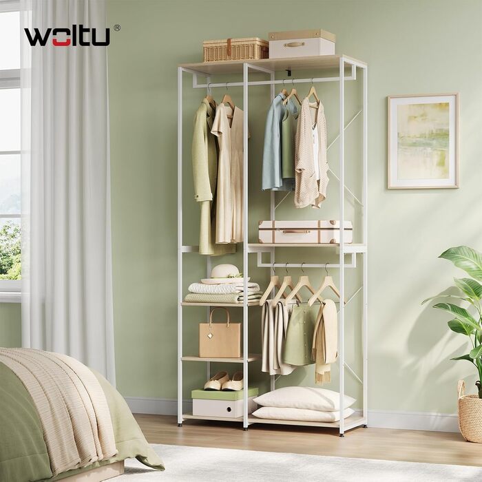 Вільна вішалка для одягу WOLTU з полицею, для спальні/коридору, стабільна, з дерева та металу, білий + світлий дуб