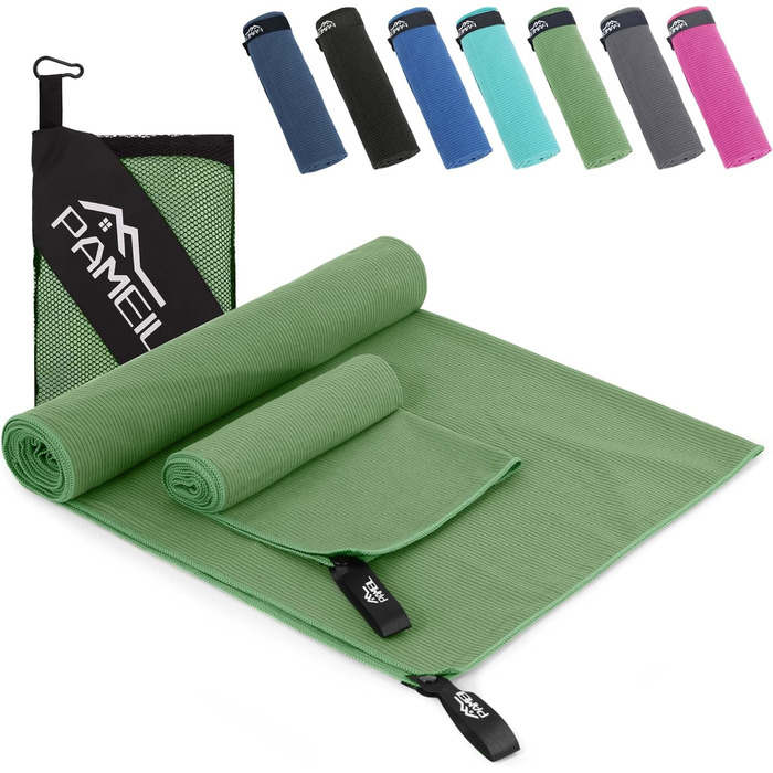 Набір рушників Pameil з мікрофібри (2 шт.): великий (160x80 см) та маленький (80x40 см), компактні та швидковисихаючі, для спорту, подорожей, пляжу (армійний зелений)