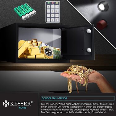 Електронний сейф KESSER® настінний, 31x20x20 см, з подвійним замком, внутрішнім освітленням, чорний (L)