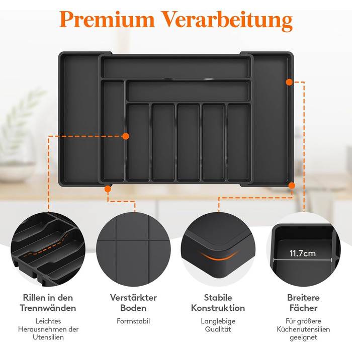 Органайзер для столових приборів Lifewit в шухляду, регульований, чорний (33-57 см x 38 см x 5 см)