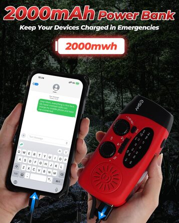 Радіо Esky Kurbelradio AM/FM водонепроникне, портативне з динамо-машиною, SOS-сигналом, Power Bank та LED-ліхтариком (червоне) - для походу, надзвичайних ситуацій