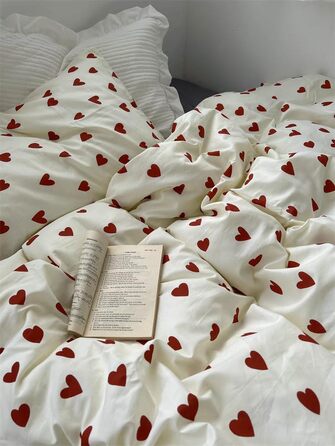 Ashanlan Bedding Set 220x240 Cotton Hearts Red White Duvet Cover Aesthetic Heart Pattern Bedding Set and 2 Pillowcases 80x80 cm Double Bed with Zipper Red Hearts 220x240cm+2x80x80cm