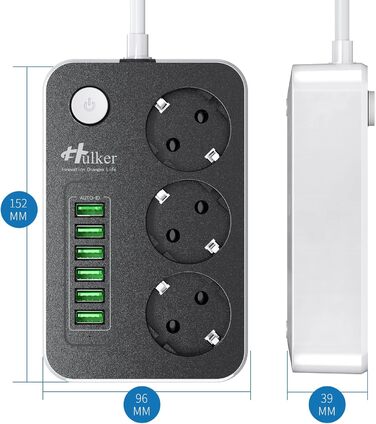 Багатофункціональна мережева розетка HULKER з USB, 6 портів, захист від перенапруги, 1.6 м, універсальна