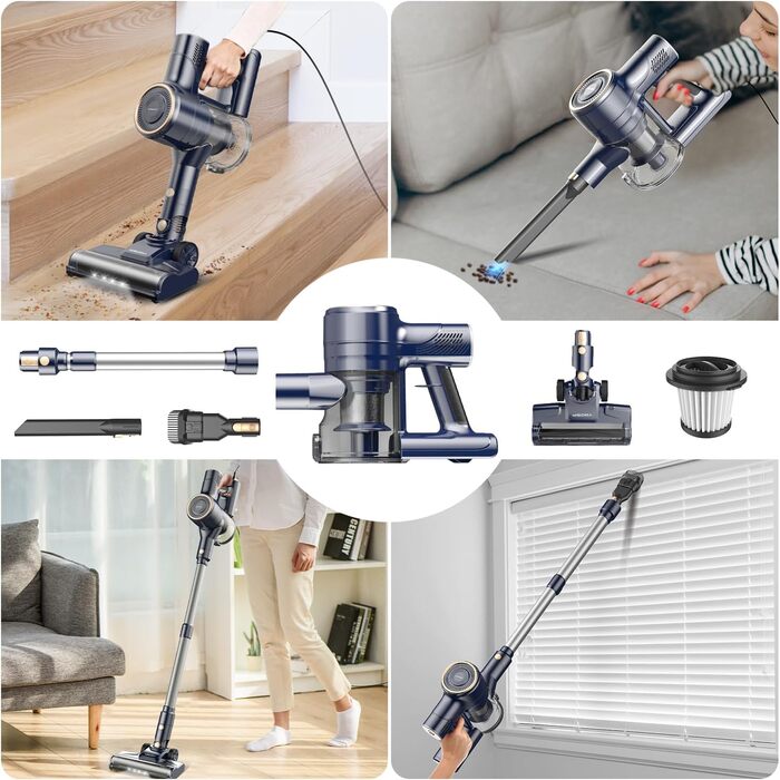 Пилсос 6-в-1, вертикальний та ручний, з 6м кабелем, потужність всмоктування 23Kpa, 600W, без мішка, для твердих поверхонь та килимів, компактний, легкий, тихий, темно-синій