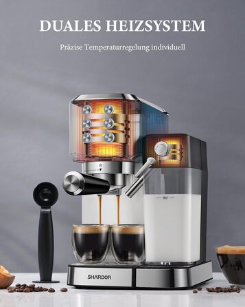 Професійна кавомашина SHARDOR для еспресо, капучино та лате макіато, 1350W, 20 Bar, нержавіюча сталь