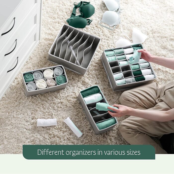 Styleys Set of 4 Foldable Storage Boxes, Drawer Dividers, Odorless Interior Lining, Storage Boxes, Closet Organizer, Under-Bed Organizer for Clothes, Shoes, Underwear, Bras (Gray - S1014)