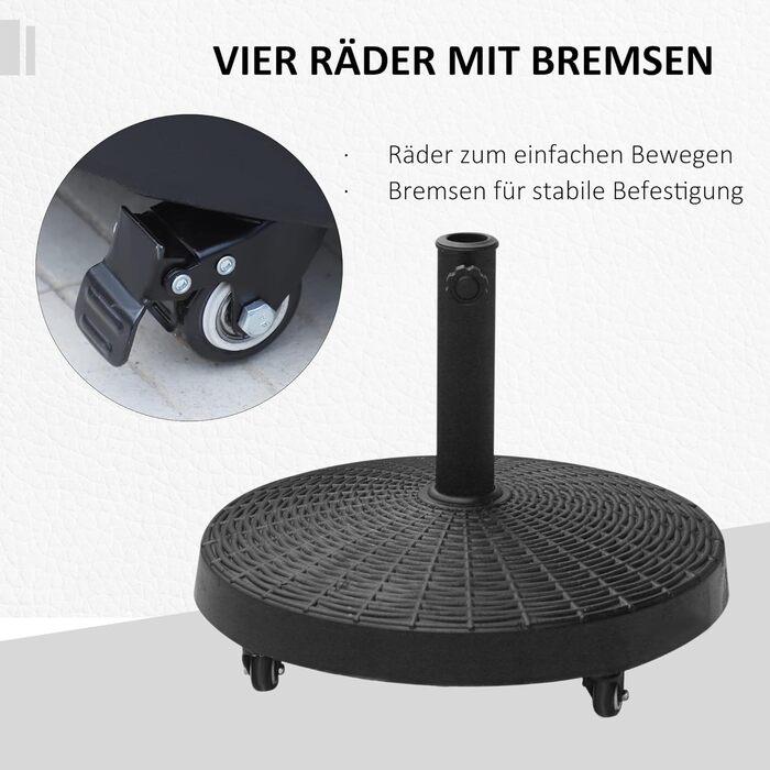 Outsunny Parasol Stand Umbrella Stand Umbrella Holder Umbrella Base 25 kg Rattan-look Stand Umbrella Ø38/48 mm with Wheels Resin + Metal Black Ø52 x 41 cm