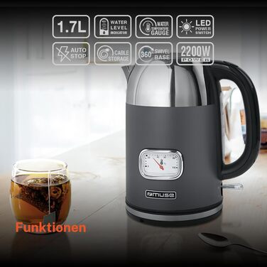 Електричний чайник зі сталі Muse Retro з аналоговим термометром, фільтром, прозорою шкалою, об'ємом 1,7 л, автоматичним відключенням, матовий золотий (MS-030 BC) (Сірий)