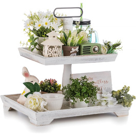 Hanobe Decorative Table Tray Etagere Wood: White Washed Wood Tray Large Rectangular with 2 Tiers Farmhouse Decorative Tray Vintage Shabby Serving Tray for Home Coffee Corner Bathroom