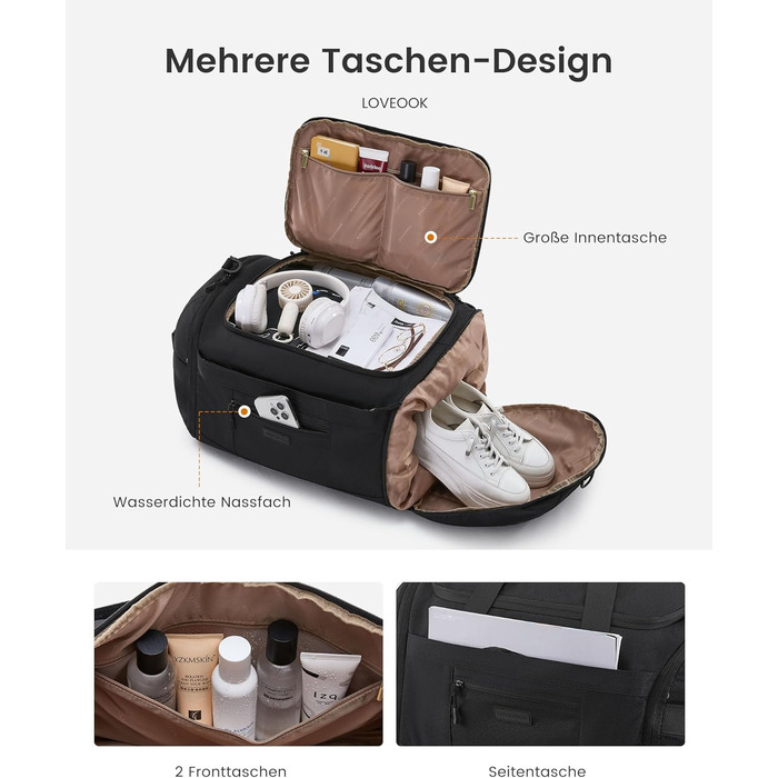 Спортивна сумка LOVEVOOK: велика, водонепроникна, з відділенням для взуття, 45L, 51x28x32 см
