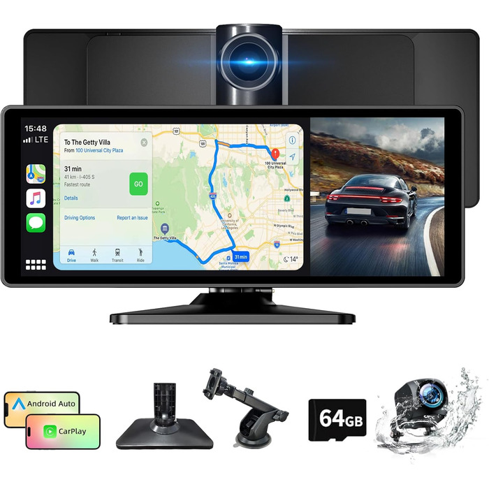 10.26-дюймовий бездротовий дисплей CarPlay/Android Auto для авто з 4K відеореєстратором, 1080P камерою заднього виду, GPS, Bluetooth, FM, 64 ГБ, підтримка Siri/Google Assistant, Mirror Link