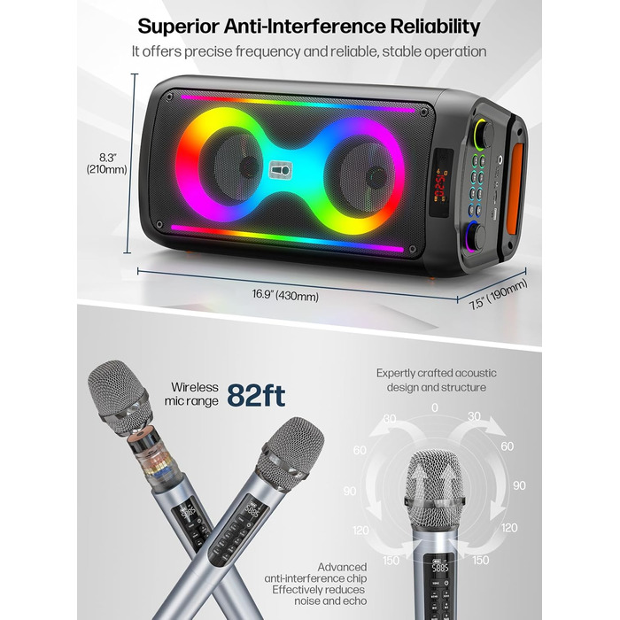 Портативна караоке-машина з Bluetooth, 2 мікрофонами, світлодіодним підсвічуванням та підтримкою USB/TF/Rec/FM/AUX