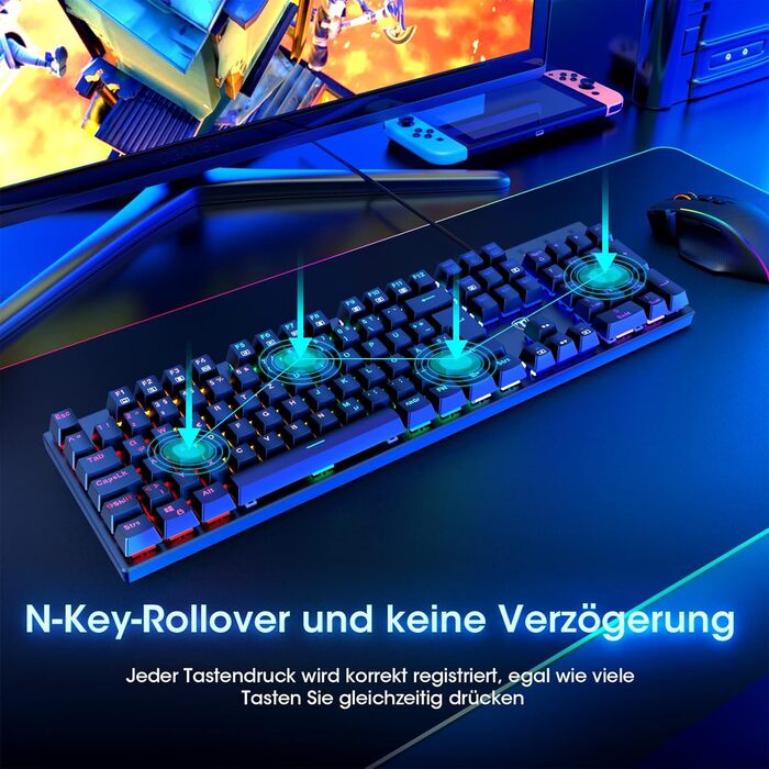 Механічна ігрова клавіатура RisoPhy, RGB, 104 клавіші, ультратонке підсвічування LED, провідне USB підключення, блакитний перемикач, чорний колір