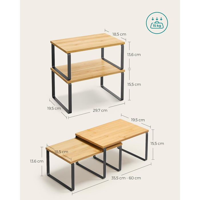 SONGMICS Spice Rack, 4-Piece Set, Kitchen Shelf, Kitchen Organizer, Expandable, Spice Holder, Stackable, with Metal Frame, 19.5 x 29.7 x 15.8 cm, Ink Black-Natural Beige KCS10NB
