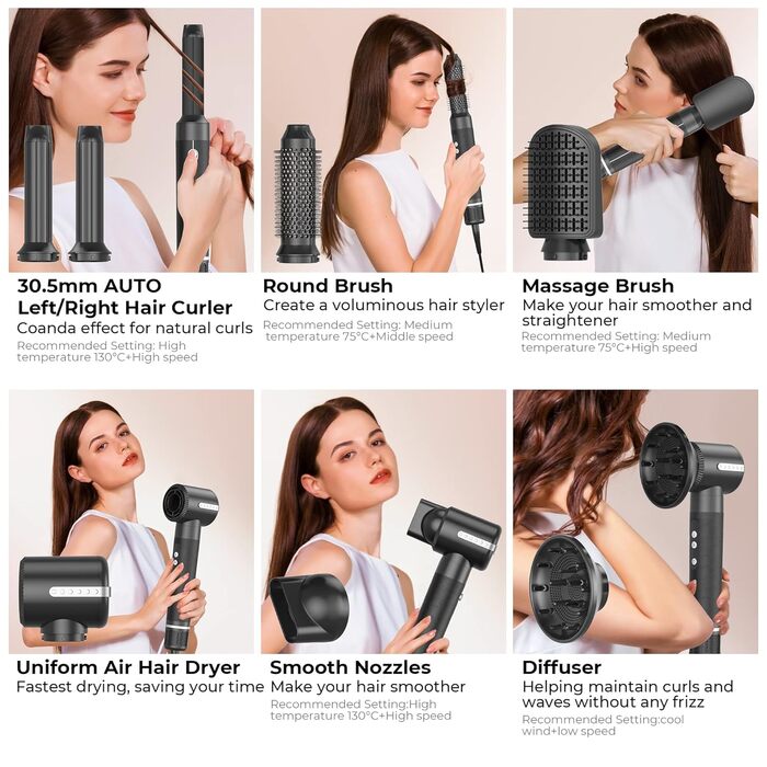 UKLISS Air Styler 7 в 1: Фен-щітка з 7 насадками для сушіння, локонів та об'єму. Іонізація, чорний