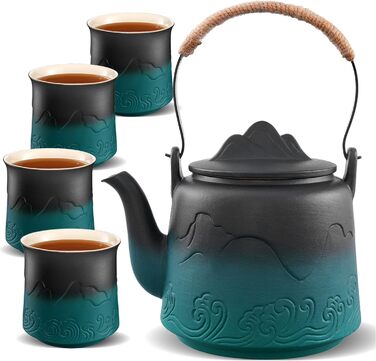 ZENS Design Japanese Teapot, 1000ml Gradient Embossed Japanese Ceramic Teapot with Built-in Strainer and Hemp Rope Handle for Loose Leaf Tea Steeper, Gift for Tea Lovers, Black & Bean Green (Black & Green, 1000ml Teapot & 4 of 200ml Cups)