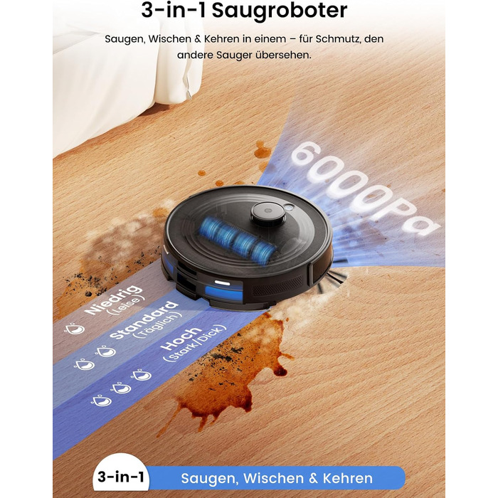 Робот-пилосос LEFANT M2 Pro з потужністю 6000 Pa, автоматичною витяжкою сміття, лазерною навігацією та картографією, індивідуальним прибиранням, уникненням перешкод PSD, ідеальний для видалення шерсті тварин, білий (M2Plus)