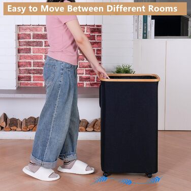 iEGrow Laundry Basket with Lid 75L, Narrow Laundry Baskets with Removable and Washable Inner Pocket, Laundry Hamper with Wheels, Foldable Laundry Baskets for Laundry Room, Bedroom, Bathroom (Black)