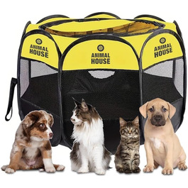 Складаний водовідштовхуючий загін для цуценят, собак, котів та кроликів Animal House: універсальний та портативний, для дому, 74 x 74 x 43 (Жовтий, маленький)