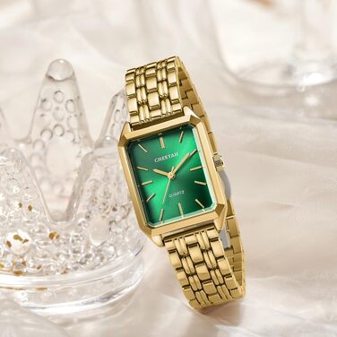 Жіночий наручний годинник CHEETAH Vintage Quartz — золотистий прямокутний корпус, сталевий браслет, водонепроникний (Золото/Зелений)