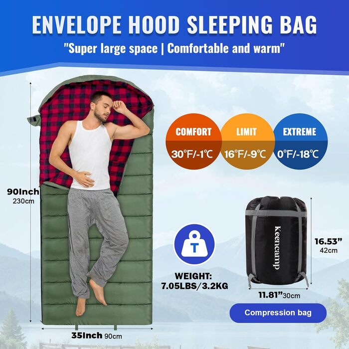 Спальний мішок Keencamp Flanell Warmer для кемпінгу: теплий, бавовняний, для 3-4 сезонів, до -1°C, XXL, 230x90 см (Olive-R-Zip)