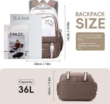 Шкільний рюкзак для підлітків, 36L, для дівчаток 3-9 класів, великий, стильний, для ноутбука 16 дюймів, підходить для валізи (колір: коричневий)