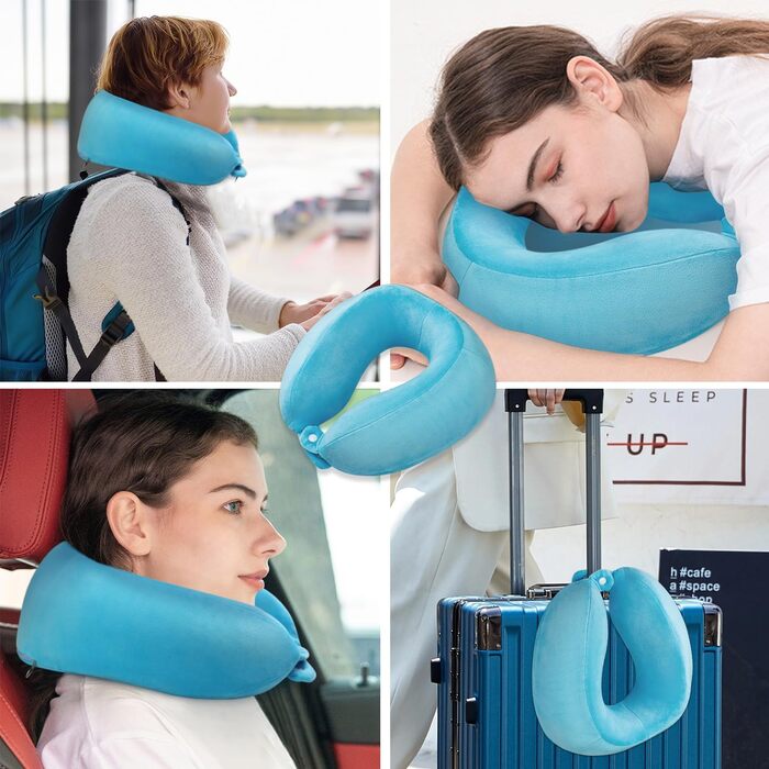 Подушка для шиї, Memory Foam, для подорожей: літак, поїзд, авто, офіс (Блакитна)