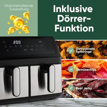 Фритюрниця ProfiCook з 2 камерами | Airfryer | 9 літрів | Фритюрниця з функцією одночасної готовності | Без олії | Антипригарне покриття | PC FR 1296 H з нержавіючої сталі