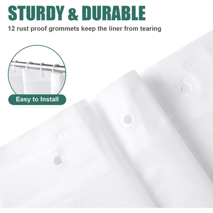 Шторка для душу URAQT, водонепроникна, антигрибкова, швидковисихаюча, PEVA, 180x180 см, 12 кілець, для ванни (Біла)