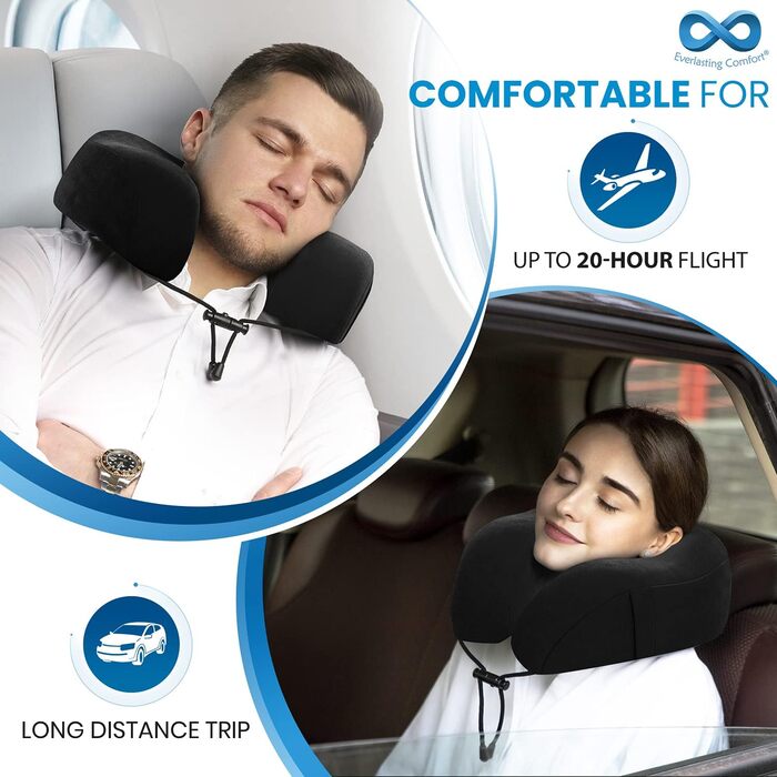 Подушка для шиї Everlasting Comfort з піною з пам'яті – комфортна підтримка для подорожей літаком, автомобілем або поїздом – набір для подорожей з навушниками, маскою для сну та сумкою (Чорний)