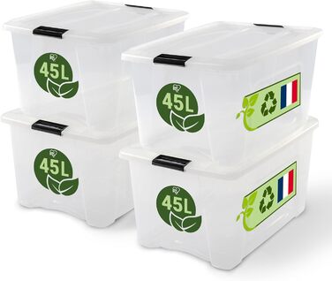 Iris Ohyama Storage Box with Lid, 6-Piece Set, Transparent, Snap Closures with Handles, Stackable, Strong & Durable, For Clothes, Garage, Home, Office, Plastic Box, Storage TB-45 (45L, x4)