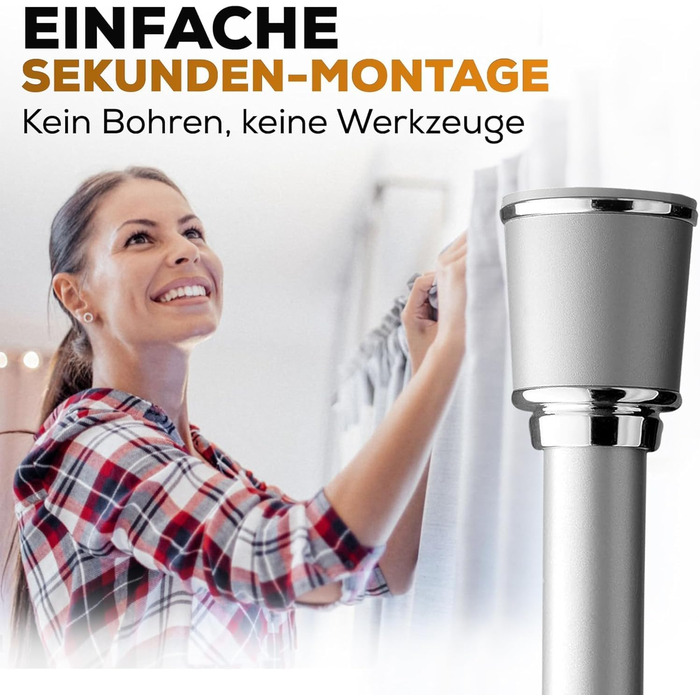 Штанга для штор 120-170см, сіра, Ø 32 мм, без свердління - для вікон, кімнат, кухні