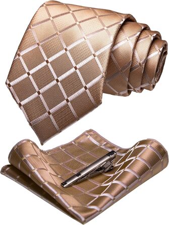 Чоловіча краватка та хустинка до костюма JEMYGINS в клітку, колір шампань, з затискачем для краватки