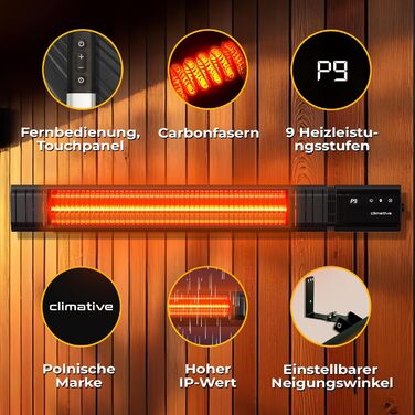 Інфрачервовий обігрівач RAY 2500W – електричний обігрівач з 9 ступенями, IP65 для тераси та приміщення, настінний, з пультом та таймером, чорний