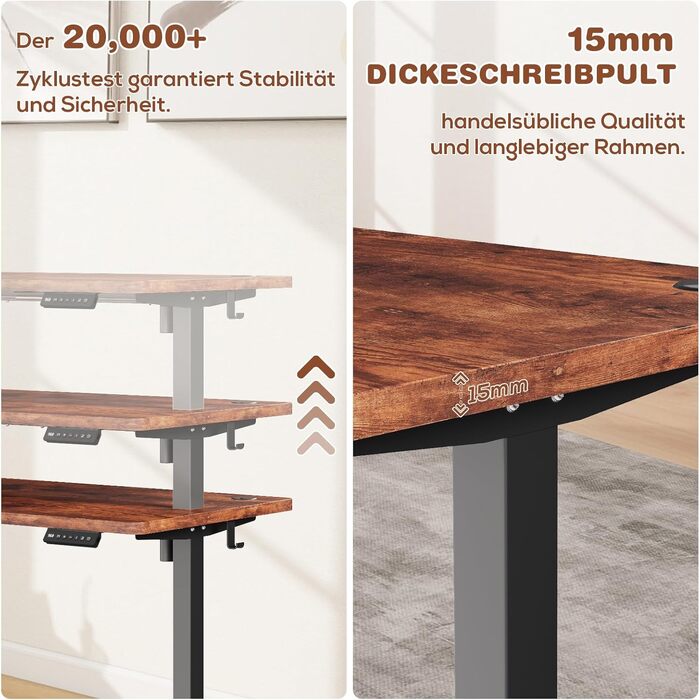 Devoko Adjustable Height Electric Desk - 120x60cm - Vintage Brown - Sit-Stand Desk with Memory Function & Collision Detection