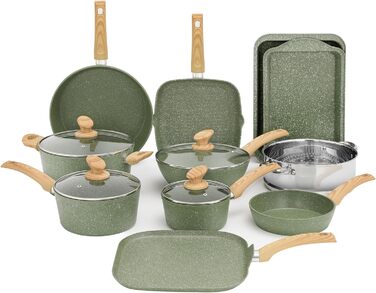 Kitchen Academy 17-Piece Induction Cookware Set with Grill Plate, Green Granite Pots and Pans, Non-Stick Coated, Healthy Non-Stick Cookware Set 17 PCS Cookware Set Green