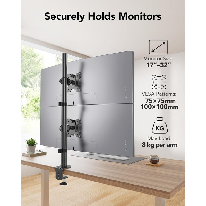Підставка для монітора HUANUO, 2 монітори, вертикальна, регульована висота, для моніторів 17-32 дюймів, підтримує до 8 кг