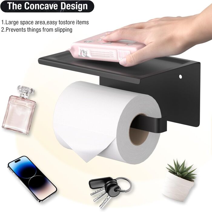 Тримач туалетного паперу HITSLAM без свердління, чорний, нержавіюча сталь з полицею, самоклеючий, для ванної кімнати