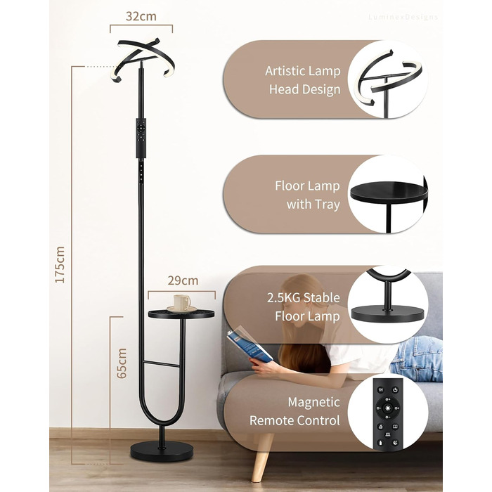 Підлогова лампа LuminexDesigns з регулюванням яскравості, 36W+7W LED, 3200LM+600LM, 2700K-6500K, чорна. Сучасна підлогова лампа для вітальні з пульт дистанційного керування