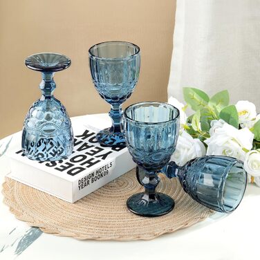 Joeyan Blau Vintage Wine Glasses with Embossed Design, Colored Relief Red Wine Glasses White Wine Glasses, Drinking Glasses, Goblet Glasses, Wine Goblet for Wine Juice Drinks, 300 ml, Set of 4, Dishwasher Safe