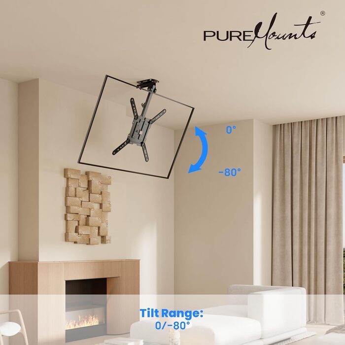 Кріплення для телевізора на стелю PureMounts, 13-27 дюймів, поворотне, нахильне, регульоване по висоті, VESA 100x100, чорний