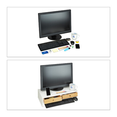 Relaxdays Bamboo Monitor Stand with 2 Drawers, White