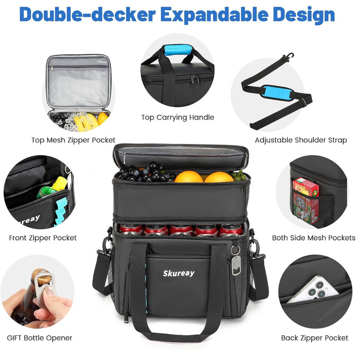 Велика розширювана сумка-холодильник з м'якого матеріалу, двоярусна ланч-сумка для жінок та чоловіків, вміщує 40 банок, вологостійка та портативна – ідеально для пляжу, кемпінгу, подорожей. Чорний колір
