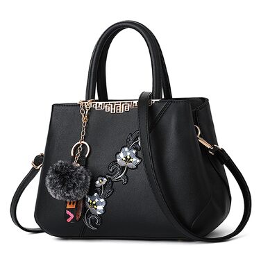 Сумка жіноча DIRRONA велика – сумка через плече та шопер з квітковою вишивкою та помпонами, чорна. Для роботи, відпочинку, подорожей, вечірок та весіль