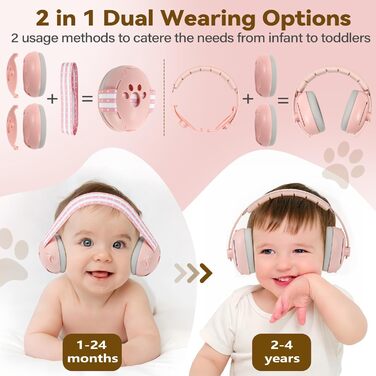 Навушники для дітей 0-4 роки, 2-в-1, захист від шуму 24dB, рожеві
