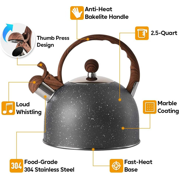 Чайник VONIKI з нержавіючої сталі 2,5 л з свистком для плити, з дерев'яною ручкою, сірий, для приготування чаю та як подарунок