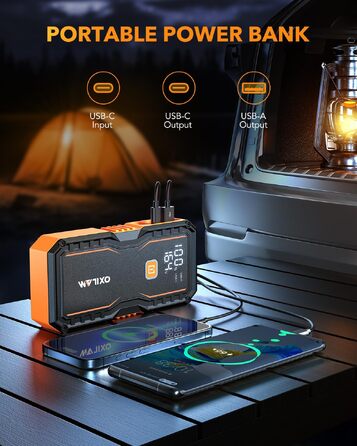 Бустер для автомобіля OXILAM 6000A, портативний пусковий пристрій для акумуляторів 12В, UltraSafe літієвий jump starter з пусковими кабелями, LED-дисплеєм та ліхтариком, помаранчевий
