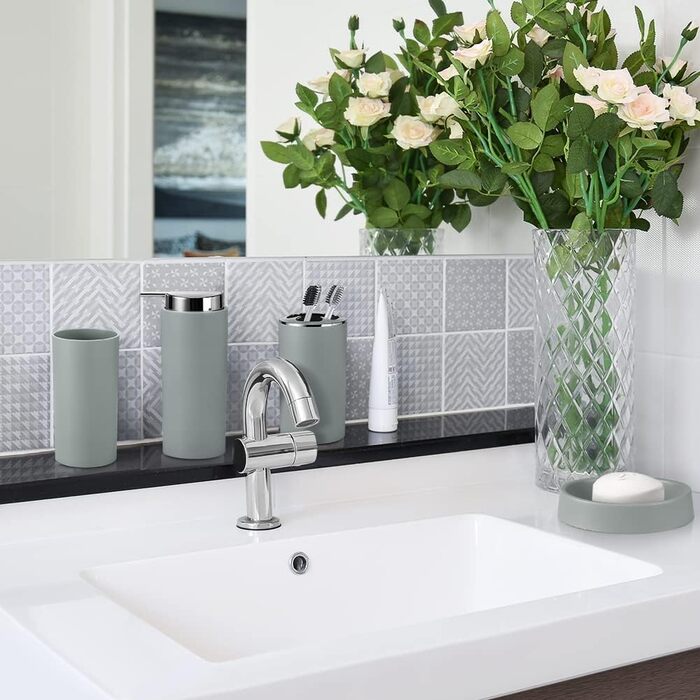 Комплект аксесуарів для ванної кімнати 6tlg Badset: органайзер, мильниця, стакан для зубних щіток, відро для косметики, щітка для унітазу з тримачем, мильниця, сміттєвий бачок, тримач для зубних щіток (Сірий, дизайн 2a)