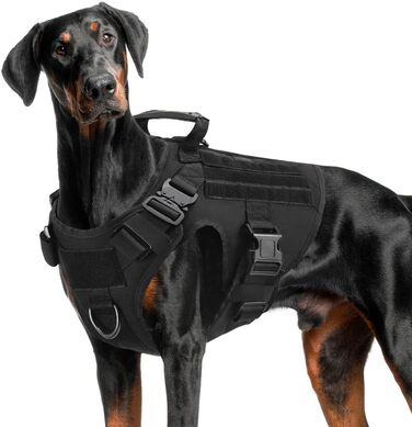 FEimaX Tactical Dog Harness with Handle Military Net Working Tactical Dog Vest Chest Harness for Large Dogs No Pull Adjustable Vest for Walks Training (Black, M)