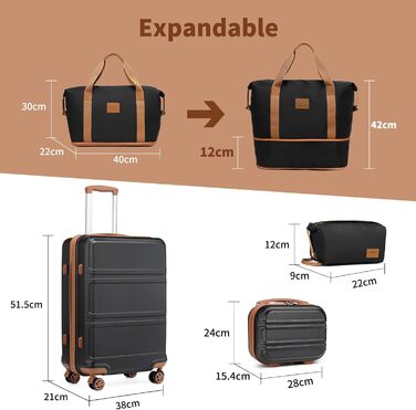 Набір валіз KONO 4 в 1: велика валіза, ручна валіза 55 см, косметичка та сумка для подорожей (чорний/коричневий)
